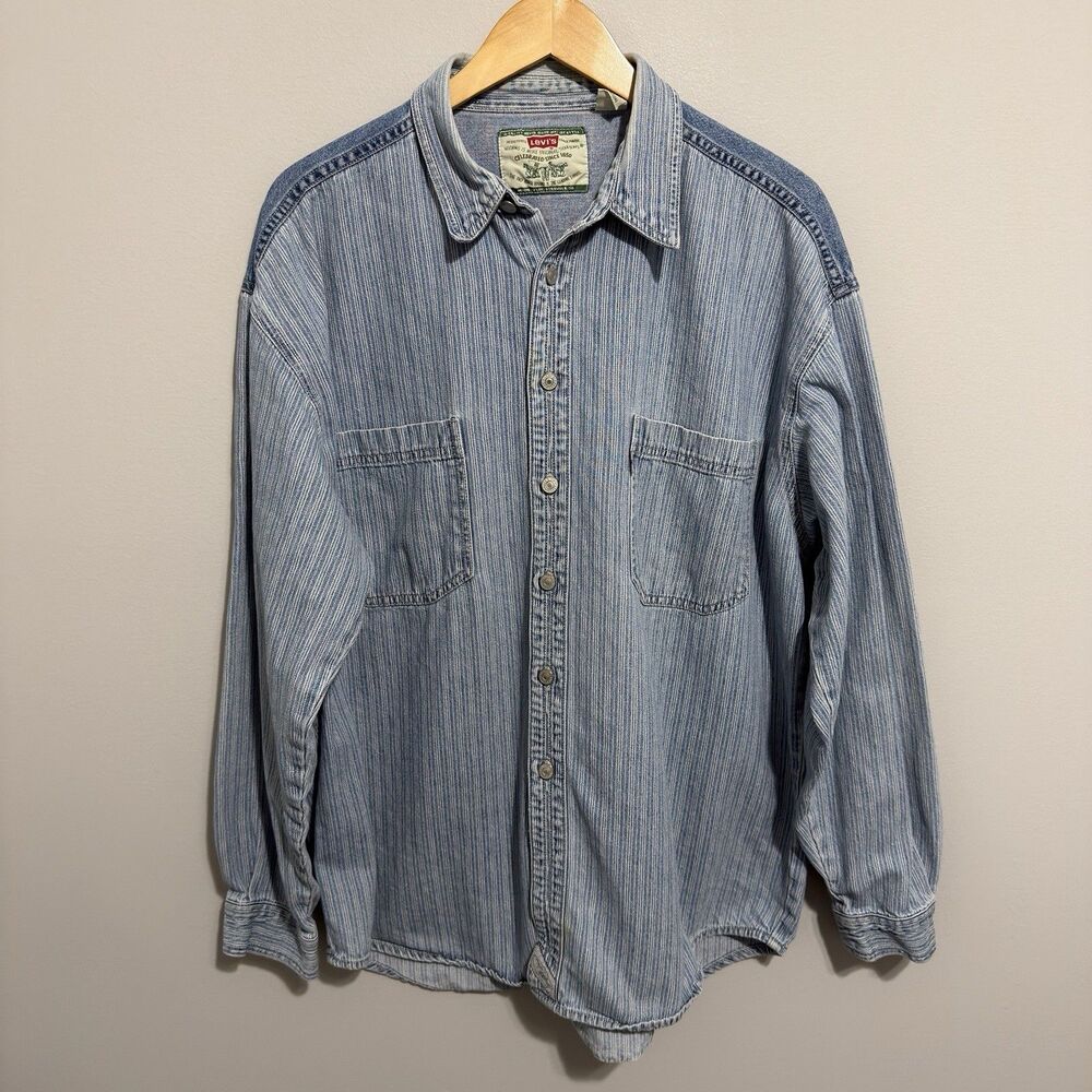 Vintage Levis Mens Striped Denim Button Shirt Blue Gray White XL Blue Tab